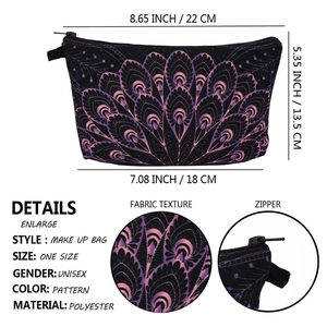 Polyester makeup bag with purple mandala pattern and dimension details for travel use