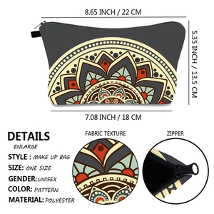 Pochette trucco Mandala in poliestere grigio con cerniera e dimensioni dettagliate