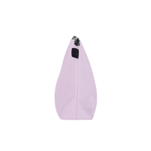 Lilac floral print cosmetic bag with black zipper and handle on a plain white background
