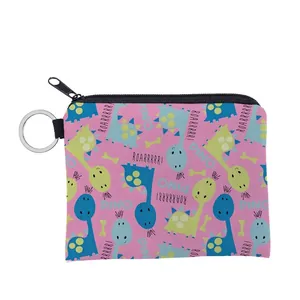 Cute Cartoon Dinosaur Print Mini Coin Purse For Women Kids Polyester Zipper Wallet With Keychain Portable Earphone Pouch