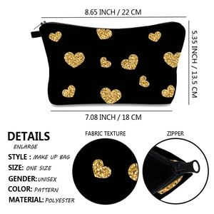 Black polyester makeup bag with gold glitter heart print and detailed size dimensions