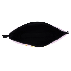 Top view of open makeup bag with black fabric lining and durable zipper closure