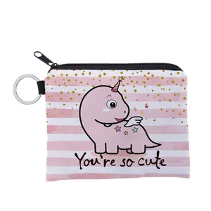 Mini Porte-monnaie Imprimé Dinosaure de Dessin Animé Portable Imperméable en Polyester avec Fermeture Éclair et Anneau Porte-clés