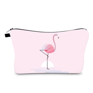 Pink bird print makeup bag with durable black zipper and minimalist flamingo design