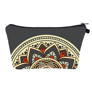 Deep grey mandala pattern digital print makeup bag with bohemian ethnic floral design