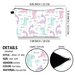 Polyester makeup bag with colorful dinosaur print and dimensions showing size 22x13.5cm