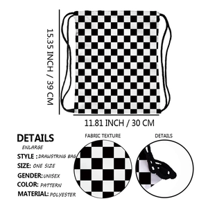 Unisex black and white checkerboard drawstring backpack in polyester 15.3x11.8 inches