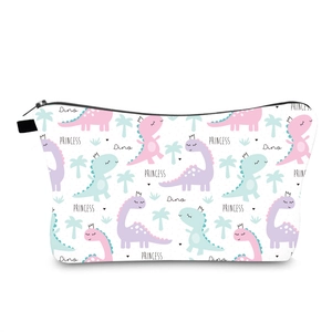 Close-up of durable zipper closure on the cartoon dinosaur print makeup bag