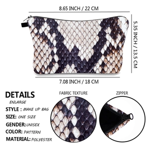 Snake print makeup bag in brown and black polyester with dimensions 22x13.5x18 cm