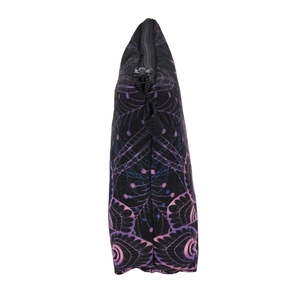 Detailed side view of black canvas makeup bag with purple mandala digital printing