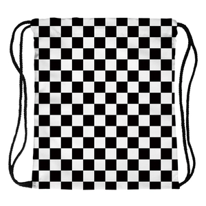 Detailed view of the black and white checkerboard drawstring backpack with thick ropes