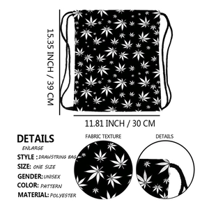 Black drawstring backpack with white leaf print, 39x30cm durable polyester gym bag