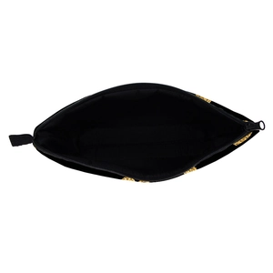 Black digital heart print makeup bag with gold accents and spacious inner storage