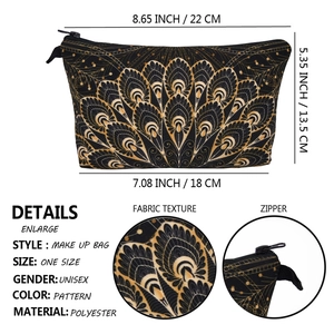 Polyester makeup bag with golden peacock feather pattern and size measurement details