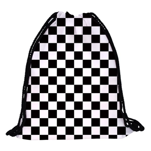 Unisex black and white checkerboard drawstring backpack with durable shoulder straps