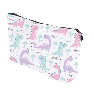 Detail of cartoon princess dinosaur print on multi-purpose white zipper cosmetic pouch