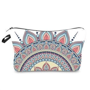 Detail view of colorful mandala pattern makeup bag with durable zipper and top handle strap