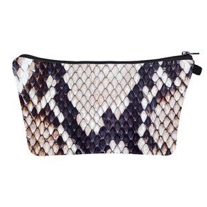 Fashionable snake print travel toiletry bag with zipper and realistic scale pattern
