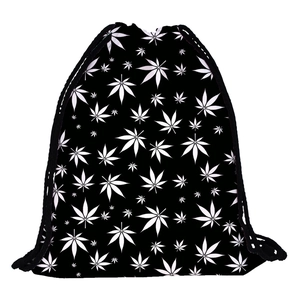 Unisex drawstring backpack with white leaf print on black polyester fabric for travel