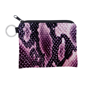 Detail view of purple snake print coin purse with black zipper and metal keyring loop