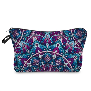 Multifunctional travel makeup bag with colorful mandala pattern and zipper closure