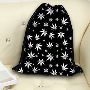 Black and white leaf print drawstring backpack for travel and storage for men and women