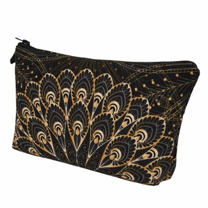 Mandala pattern makeup bag with gold peacock feather design on black fabric