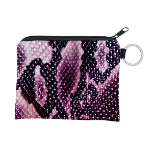 Detail of purple snake skin print mini pouch with silver keyring and black zipper