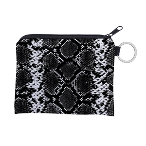 Close-up of snakeskin print coin purse with black zipper and silver metal keychain ring