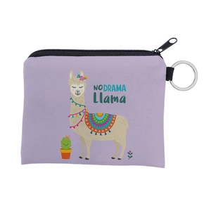 Detail of purple canvas coin purse with llama print and no drama llama slogan