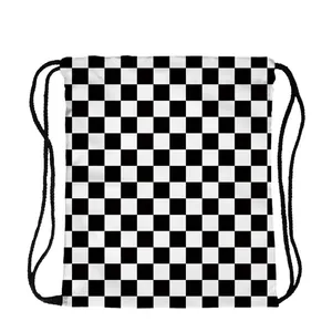 Casual Checkered Drawstring Backpack Polyester Lightweight Sport Travel Bag Black And White Grid Pattern For Men And Women