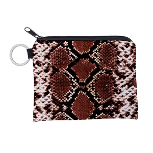 Detail of snake skin pattern coin purse with black zipper and silver metal keyring