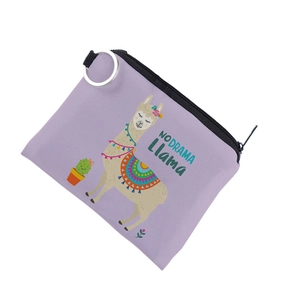 Detail of purple canvas mini coin purse featuring a cartoon llama and No Drama Llama text