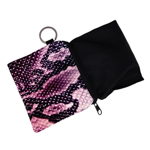 Mini snake print coin purse with purple python pattern and metal keychain ring