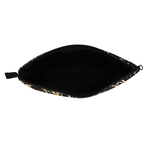 Close-up of mandala pattern cosmetics bag with black metal zipper and interior lining