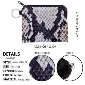 Waterproof snake print coin purse with polyester material and metal keychain ring