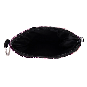 Mini purple snake print coin purse with a black zipper and silver metal keychain ring