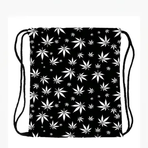 Unisex Drawstring Backpack Polyester Black White Leaf Print Sports Sackpack For Travel Storage Lightweight Gym Bag
