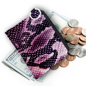 Mini snake print coin purse with purple python pattern, silver ring and zipper closure