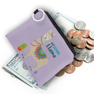 Purple canvas llama coin purse with No Drama Llama print and metal keychain ring