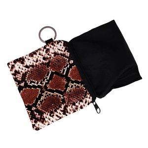 Square snakeskin print coin purse with a metal keychain ring on a white background