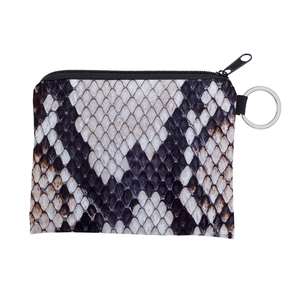 Close-up of faux snakeskin print coin purse with a black zipper and silver keyring