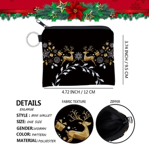 Christmas reindeer pattern mini coin purse with zipper and metal key ring in black