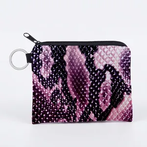 Portable Purple Snake Pattern Coin Purse Polyester Mini Zipper Wallet With Metal Key Ring For Women Fashion Small Storage Pouch