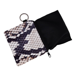 Waterproof snake print coin purse with silver keychain ring and zipper closure