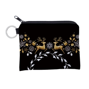 Christmas Reindeer Print Mini Coin Purse Water Resistant Polyester Zip Wallet With Key Ring Festive Holiday Gift For Women
