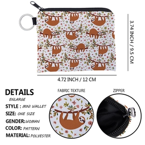 Waterproof sloth mini coin purse 12cm x 9.5cm with metal keychain and fabric texture