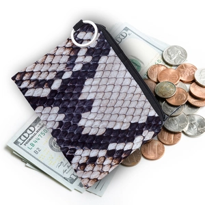 Waterproof snakeskin pattern coin purse with metal keyring shown with cash and coins