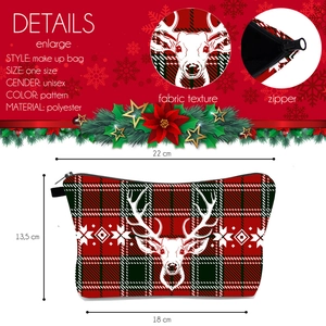 Christmas reindeer plaid makeup bag made of durable polyester with secure top zipper closure