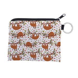 Detail view of sloth print coin purse with metal zipper and silver key ring attachment